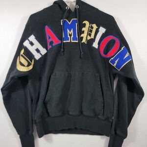 Champion Reverse Weave Small Hoodie Black Multicolor Big Spellout Logo Cotton